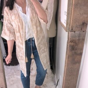 Solitaire tan embroidered kimono with tassels boho size medium